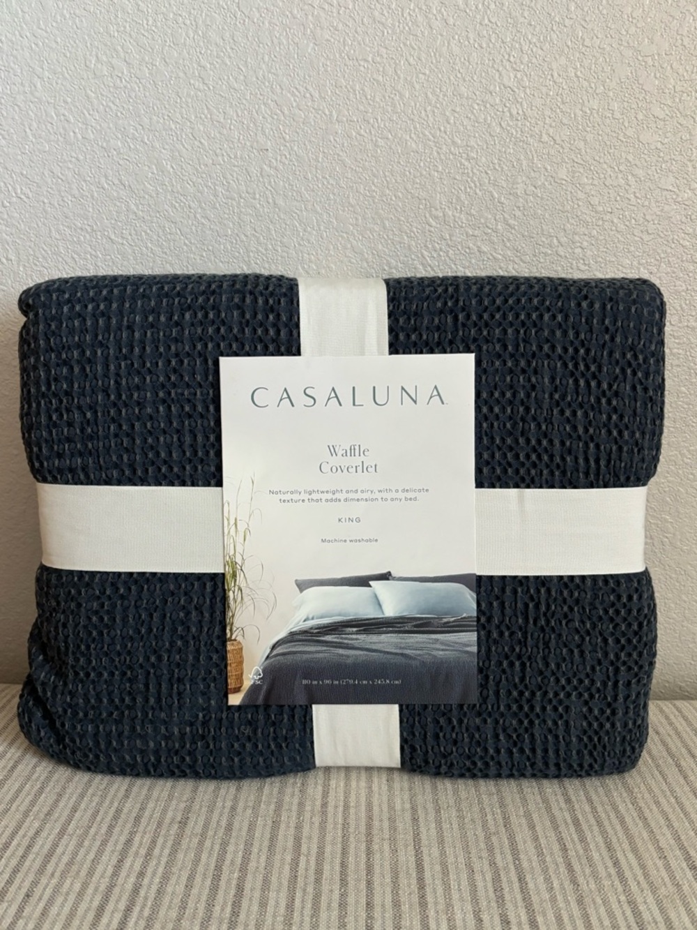 NWT King Textured Waffle Coverlet Dark Mineral Blue - Casaluna